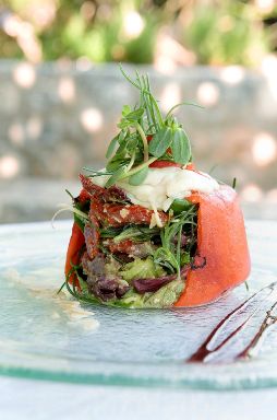 salad dish, salad course, glass salad plate, glass dinner plate, glass serving plate, glass dinnerware, Glass Studio, Melenos Lindos Hotel